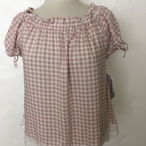 Crave Fame Pink White Gingham & Lace Shirt L